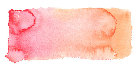 Pink to pastel orange gradient color rectangle painted in watercolor on white isolated background