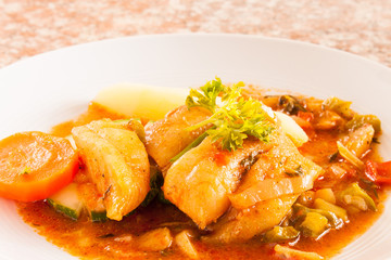 Fish Dish - Steamed Fish Filet Served with Sliced Carrots and Wedged Boiled Potatoes