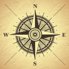 Vector compass rose detailed illustration for vacation project. Travel tool design with sea waves background - 118471562