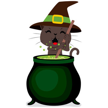 Happy witch cat cooking potion brew on magic cauldron on Halloween