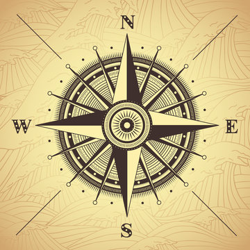 Vector compass rose detailed illustration for vacation project. Travel tool design with sea waves background