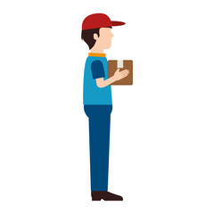 man delivery box hat pictogram dispatch service person vector illustration isolated