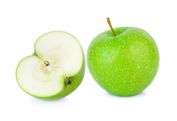 Green granny smith apple with a Drop of water on white backgroun
