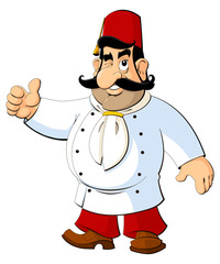 Cartoon chef in the Turkish national fez. Gesture approval.