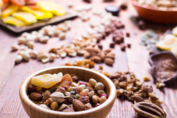Nuts and dry fruit, in bowls, on boards