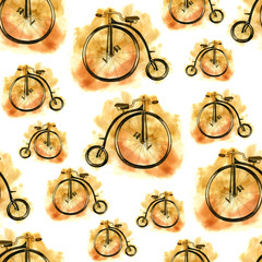 Obraz premium Hand drawn watercolor bicycle seamless patternb with old bike.