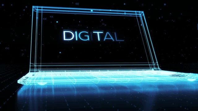 digital 3d rendering with wireframe of notebook standing on reflective floor with a digital word on its display, atmoshpere elements are particles made of random symbols
