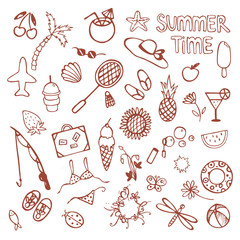 Hand drawn summer time icons set. Cute doodle summer icons