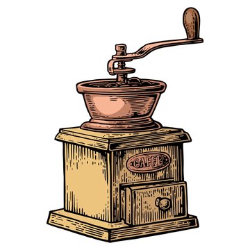 Coffee mill. Vintage color vector engraving illustration