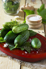 Preserving fresh and pickled cucumbers, garlic and spices on a w