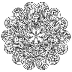 Vector monochrome background. Hand drawn round ornament. Template for greeting card, postcard or adult coloring book. Lace design mandala. Detailed illustration