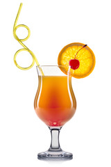 Exotic cocktail in hurricane glass isolated on white background.