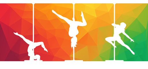Silhouettes of pole dancers dancing contemporary dance on abstract polygonal background