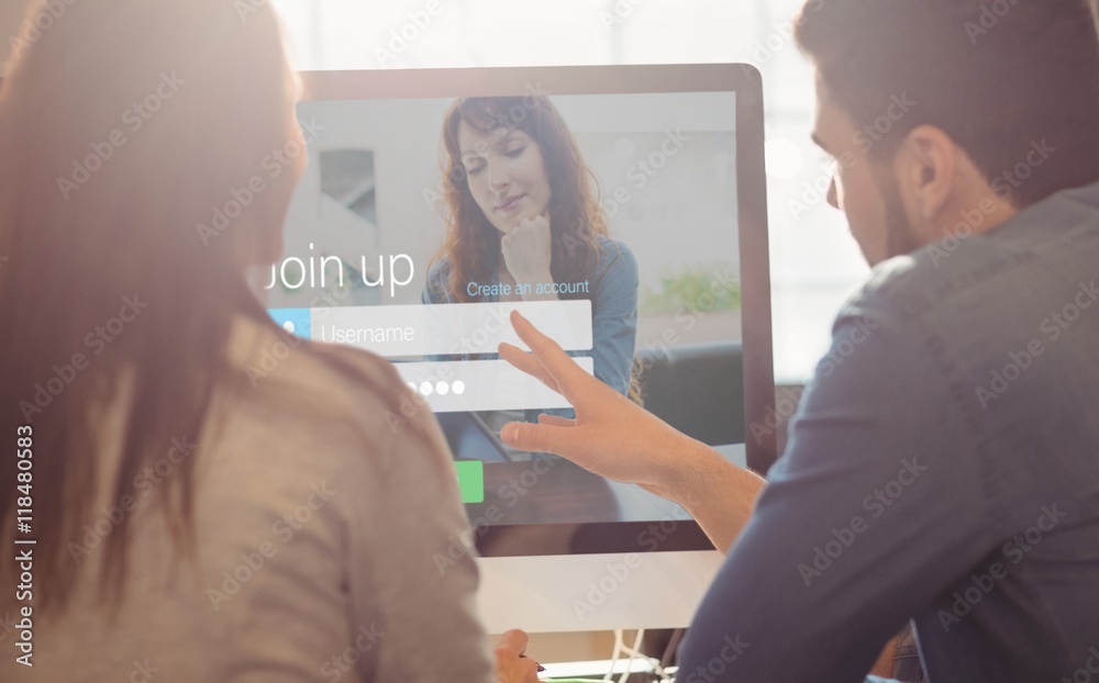 Wall mural composite image of log-in screen with redheaded woman