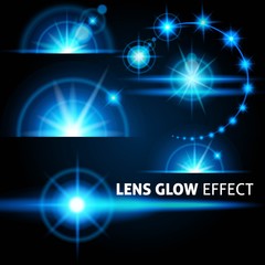 Realistic glare and rays bright flash of blue light on a dark background. Set the template for web design. vector illustration