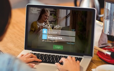 Composite image of signup screen with blonde girl and pad