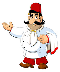 Cartoon chef in the Turkish national fez. The gesture of invitation.