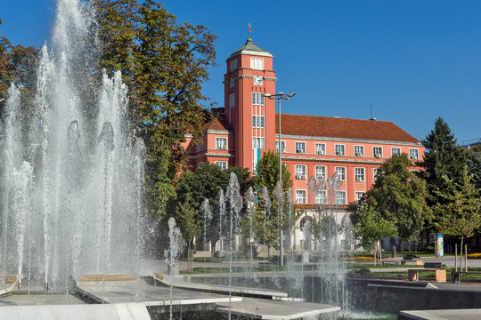 Panoramic view of Town Hall and Fountain in the center of City of Pleven, Bulgaria