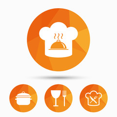 Chief hat, cooking pan icons. Fork and knife.