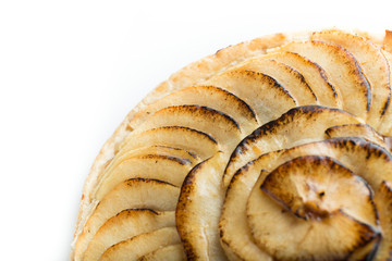 Apple pie background. Traditional french sweet dessert. Delicious, appetizing, homemade tart with slices of fresh fruits. Copy space, closeup
