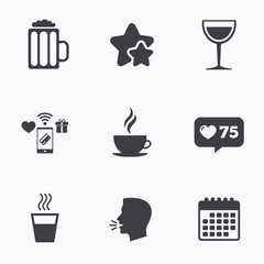 Drinks signs. Coffee cup, glass of beer icons.