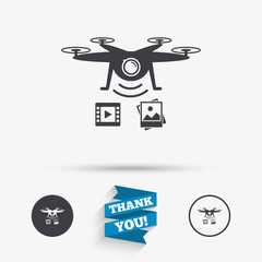 Drone icon. Quadrocopter with video camera.