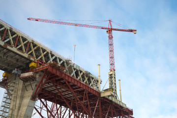 The crane on the construction of the Central section of Western high-speed diameter February day. Saint Petersburg