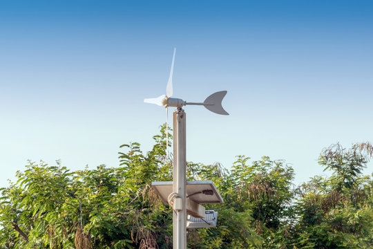 Wind turbines and Solar panels with Green energy Concept in the morning