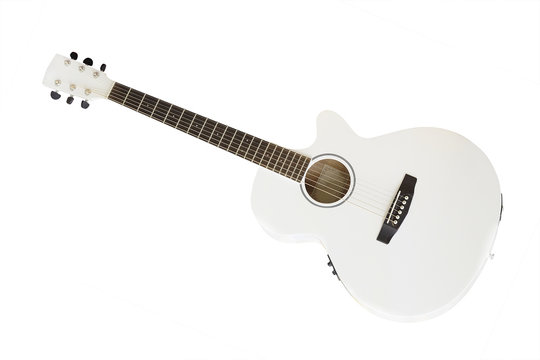 The image of white acoustic guitar isolated under the white background