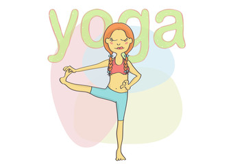 Cartoon of a girl doing yoga pose. Pretty, young woman exercising yoga.