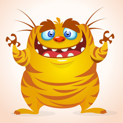 Happy cartoon monster. Halloween vector yellow striped monster
