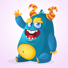 Happy cartoon monster. Halloween vector horned fat monster sitting and presenting