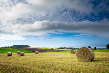 Fototapeta premium Haystack on a field of stubble. August countryside landscape. Masuria, Poland.