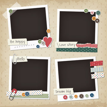 Scrapbook vintage set of photo frames with buttons, stickers, washi tapes. Retro scrapbook design elements.
