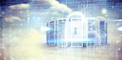 Composite image of blue technology interface with binary code