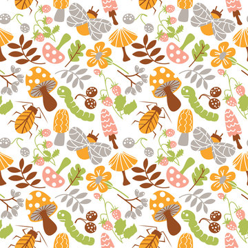 Mushrooms and insects pattern