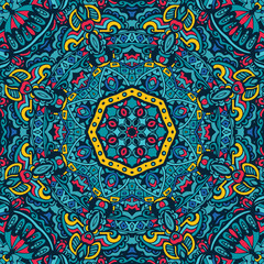 blue Ethnic geometric mandala print. Colorful background texture.