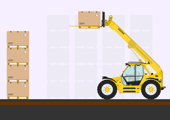 Illustrationof  hydraulic forklift with box on the pallet. Flat vector