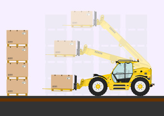 Illustration of hydraulic forklift with box on the pallet. Flat vector © norsob