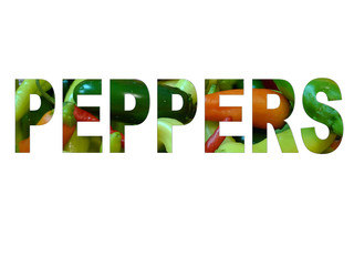 Peppers word or text filled with photograph of peppers with vector clipping path on white isolated background.
