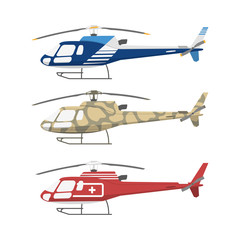 Civil , military and medical helicopters . Side view