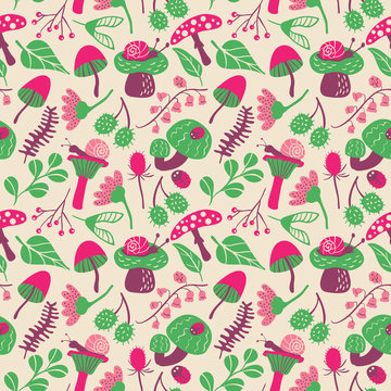 Nature seamless pattern with mushroom, ladybird, snail, flower a