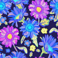 Seamless floral  background. Isolated blue flowers on dark .