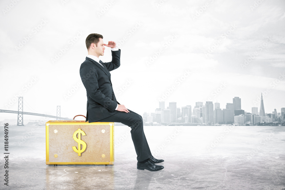 Poster Man sitting on suitcase with cash