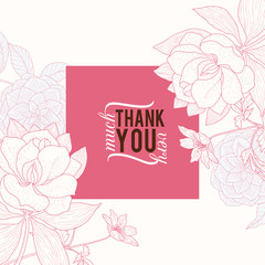 Fototapeta premium Vector Vintage Pink Square Frame Floral Drawing Wedding Invitation Thank You Card With Stylish Flowers and Text In Classic Retro Design.