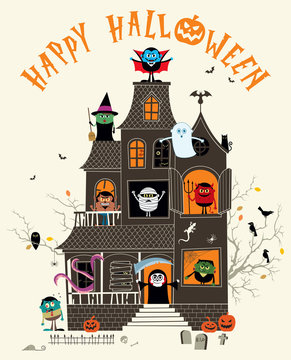 Haunted House / Halloween Illustration With Spooky Haunted House Full Of Monsters. 