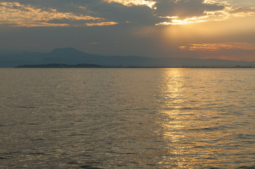 View of Sirmione, Lake garda from Desenzano,  Italy. Captured at