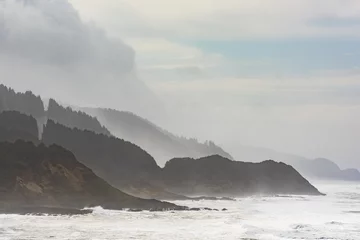 Afwasbaar Fotobehang Oceaan golf Misty and Foggy Oregon Coast cliffs and forests with stormy sky and ocean waves