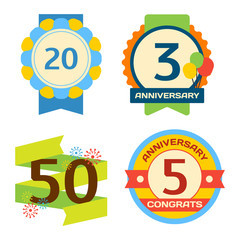 Birthday badge banner design flat background set. Happy birthday badges celebration design emblem set. Anniversary card happy birthday badges birth date paper sticker vector symbol.