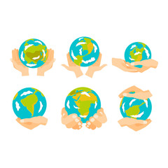 People holding earth. globe in hands concept of happy earth day eco friendly, help ecology, future life, natural. Earth in hands isolated on black background modern design vector conept
